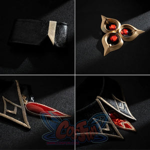 Genshin Impact Marionette Sandrone cosplay costume collects belt trim beside gem-like accessories and costume pieces.