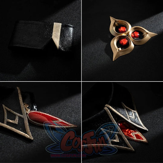 Genshin Impact Marionette Sandrone cosplay costume collects belt trim beside gem-like accessories and costume pieces.