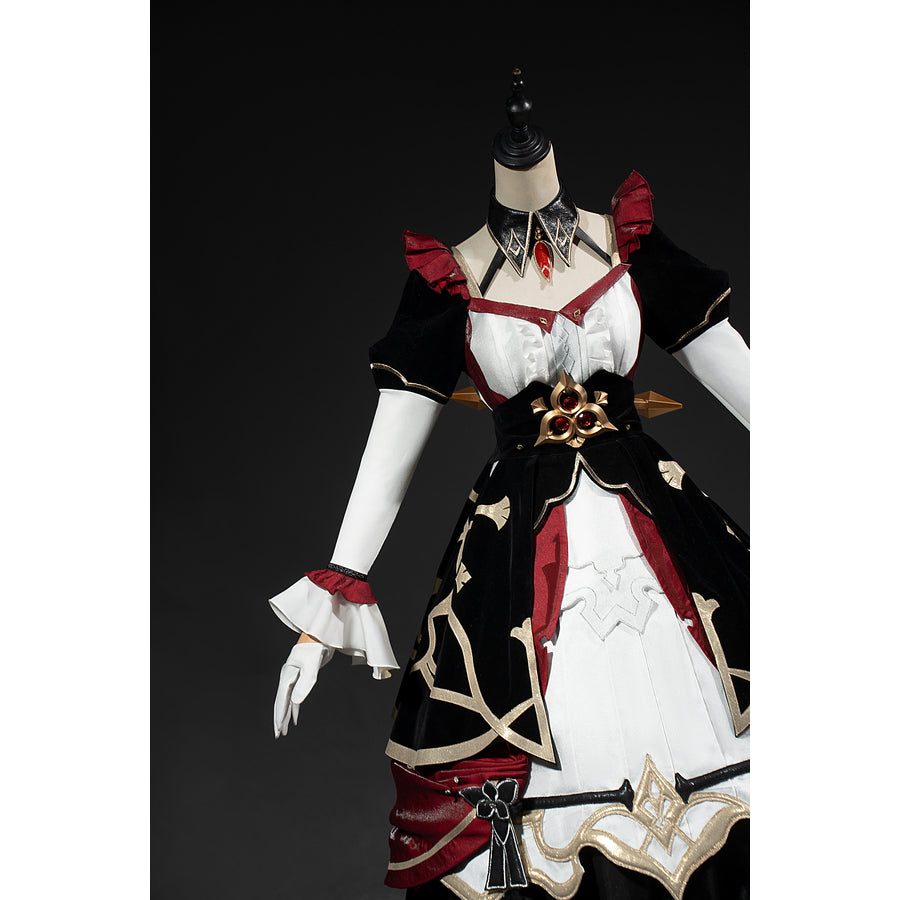 Genshin Impact Marionette Sandrone cosplay costume angles the burgundy shoulder ruffles around the front dress.