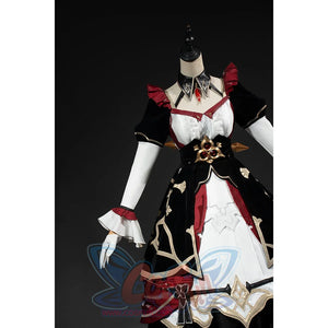 Genshin Impact Marionette Sandrone cosplay costume angles the burgundy shoulder ruffles around the front dress.