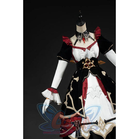 Genshin Impact Marionette Sandrone cosplay costume angles the burgundy shoulder ruffles around the front dress.