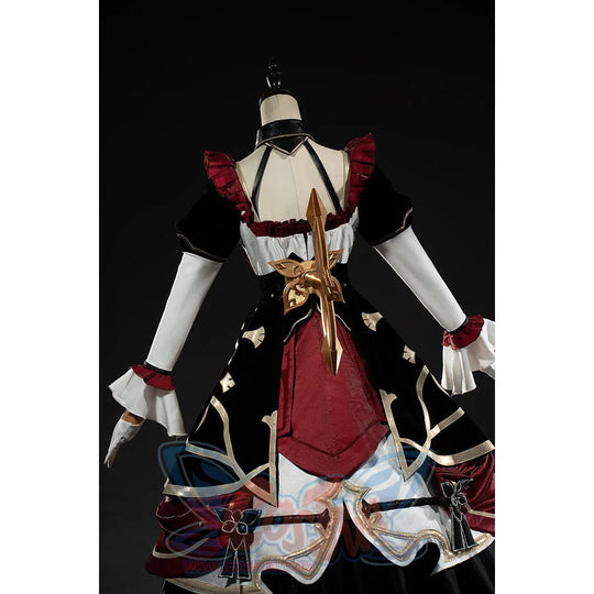 Genshin Impact Marionette Sandrone cosplay costume centers the rear burgundy panel below open shoulder straps.