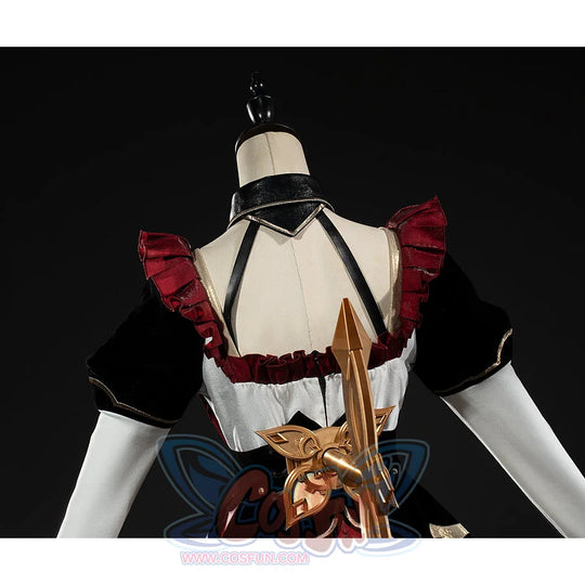 Genshin Impact Marionette Sandrone cosplay costume turns the gold-tone rear ornament beneath shoulder straps.
