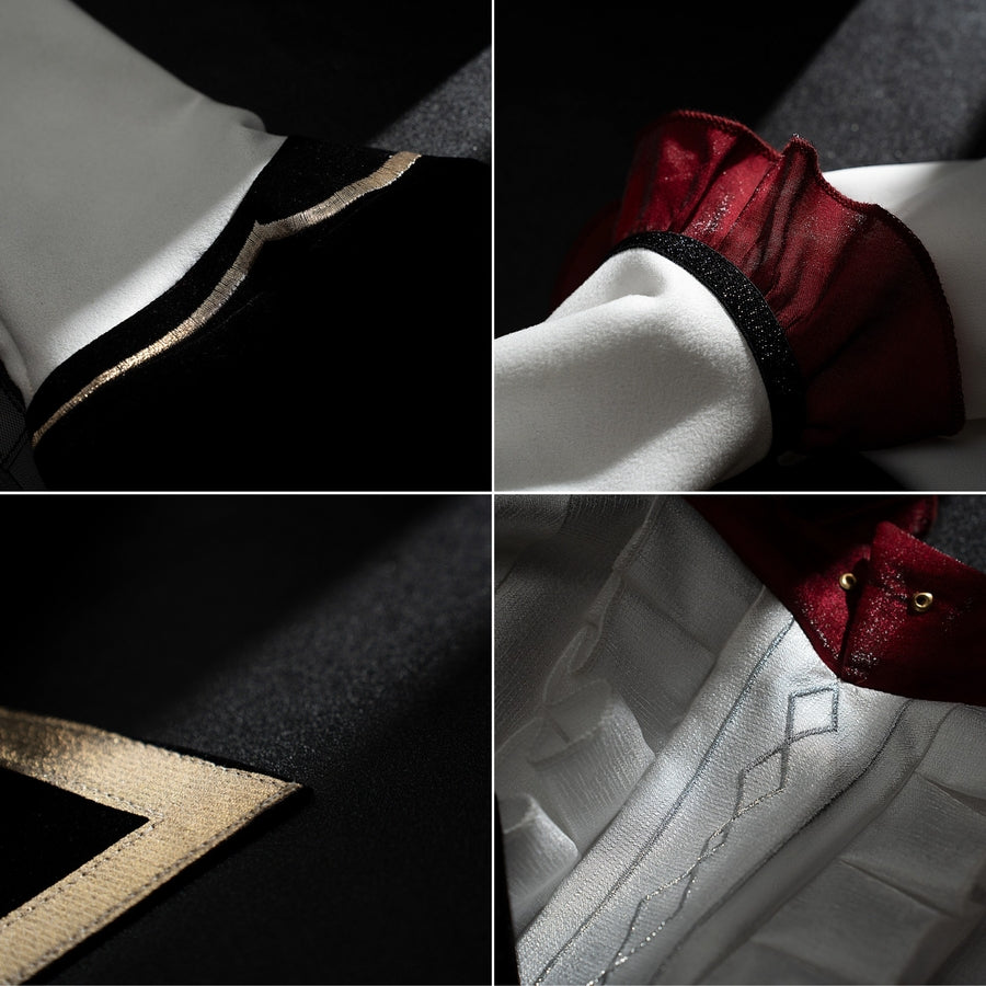 Genshin Impact Marionette Sandrone cosplay costume collects fabric trim and sleeve details in a close collage.