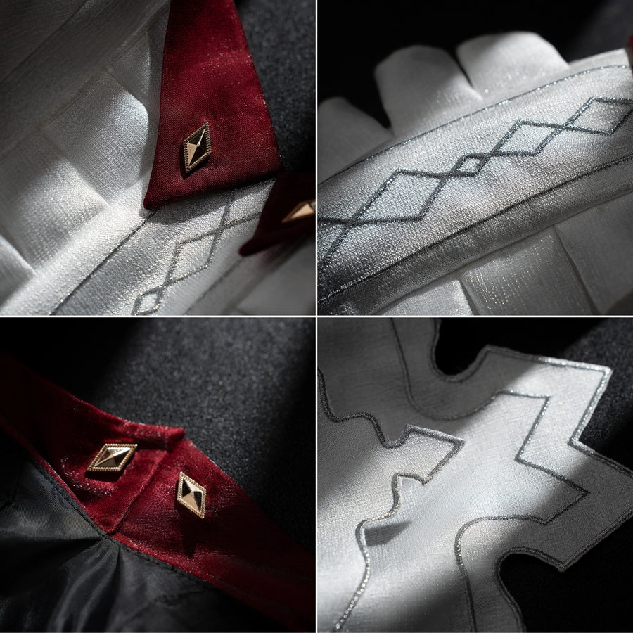 Genshin Impact Marionette Sandrone cosplay costume collects burgundy and white fabric textures.