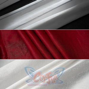 Genshin Impact Marionette Sandrone cosplay costume sets white and burgundy fabric textures against deep red costume layers.