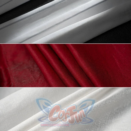 Genshin Impact Marionette Sandrone cosplay costume sets white and burgundy fabric textures against deep red costume layers.