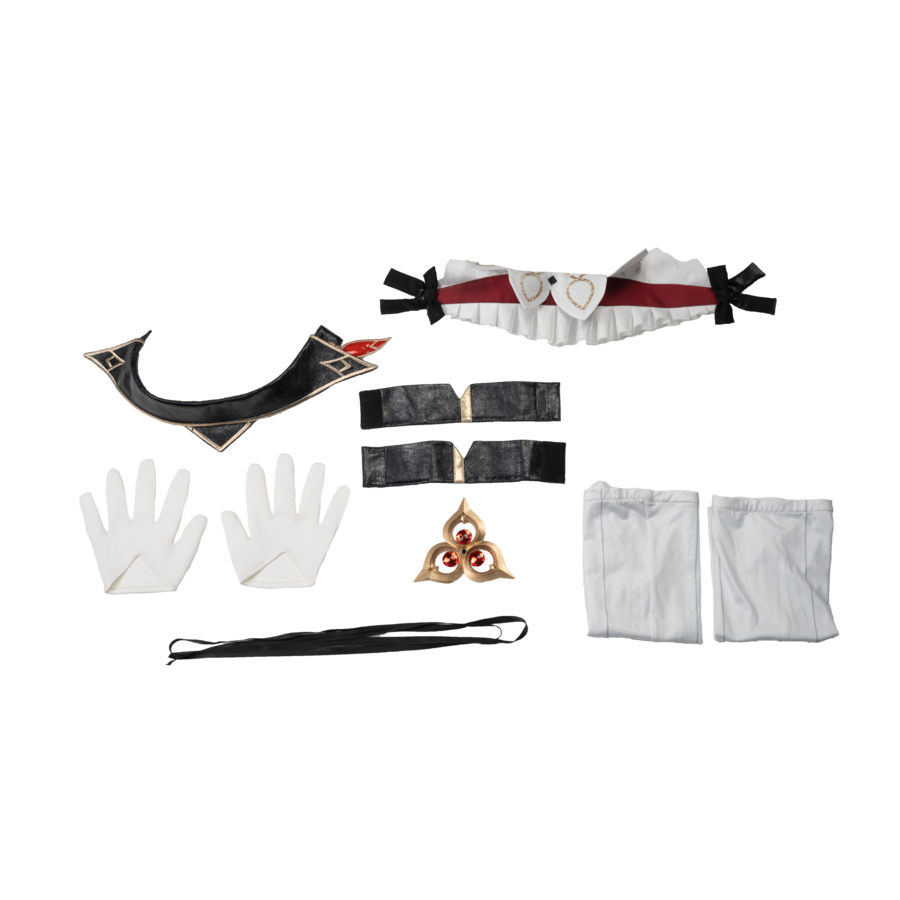 Genshin Impact Marionette Sandrone cosplay costume lays glove pieces near sleeves while props frame the skirt layout.