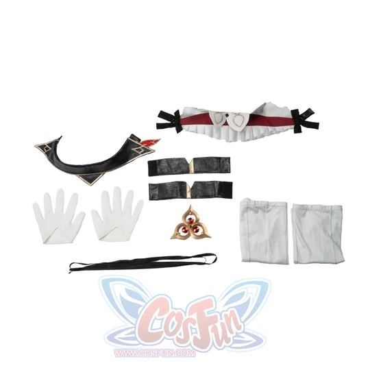 Genshin Impact Marionette Sandrone cosplay costume lays glove pieces near sleeves while props frame the skirt layout.