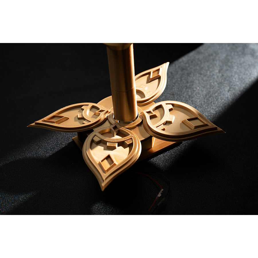 Genshin Impact Marionette Sandrone cosplay costume angles the gold-tone flower prop around red gem-like accents.