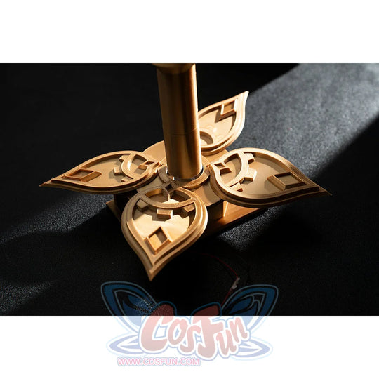 Genshin Impact Marionette Sandrone cosplay costume angles the gold-tone flower prop around red gem-like accents.