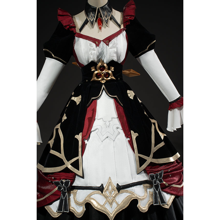 Genshin Impact Marionette Sandrone cosplay costume frames the ornate bodice above the white skirt panel.