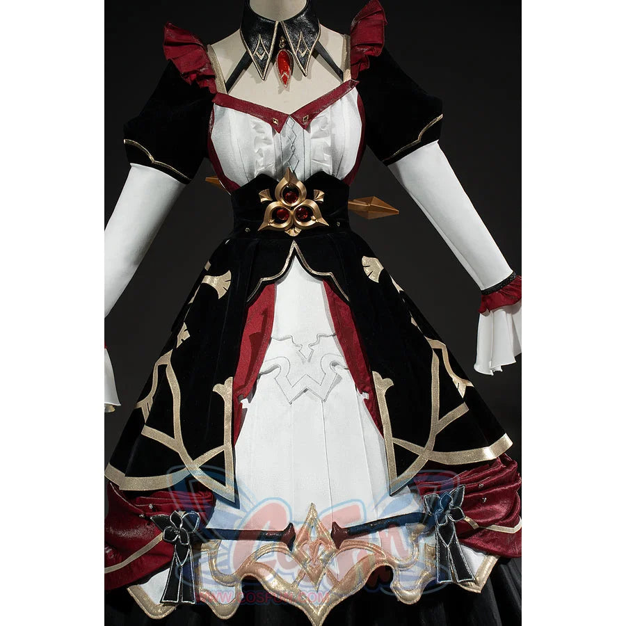 Genshin Impact Marionette Sandrone cosplay costume frames the ornate bodice above the white skirt panel.