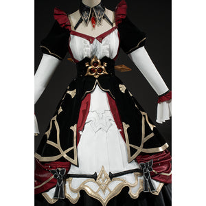 Genshin Impact Marionette Sandrone cosplay costume frames the ornate bodice above the white skirt panel.