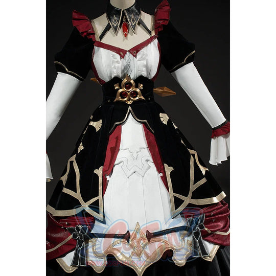 Genshin Impact Marionette Sandrone cosplay costume frames the ornate bodice above the white skirt panel.