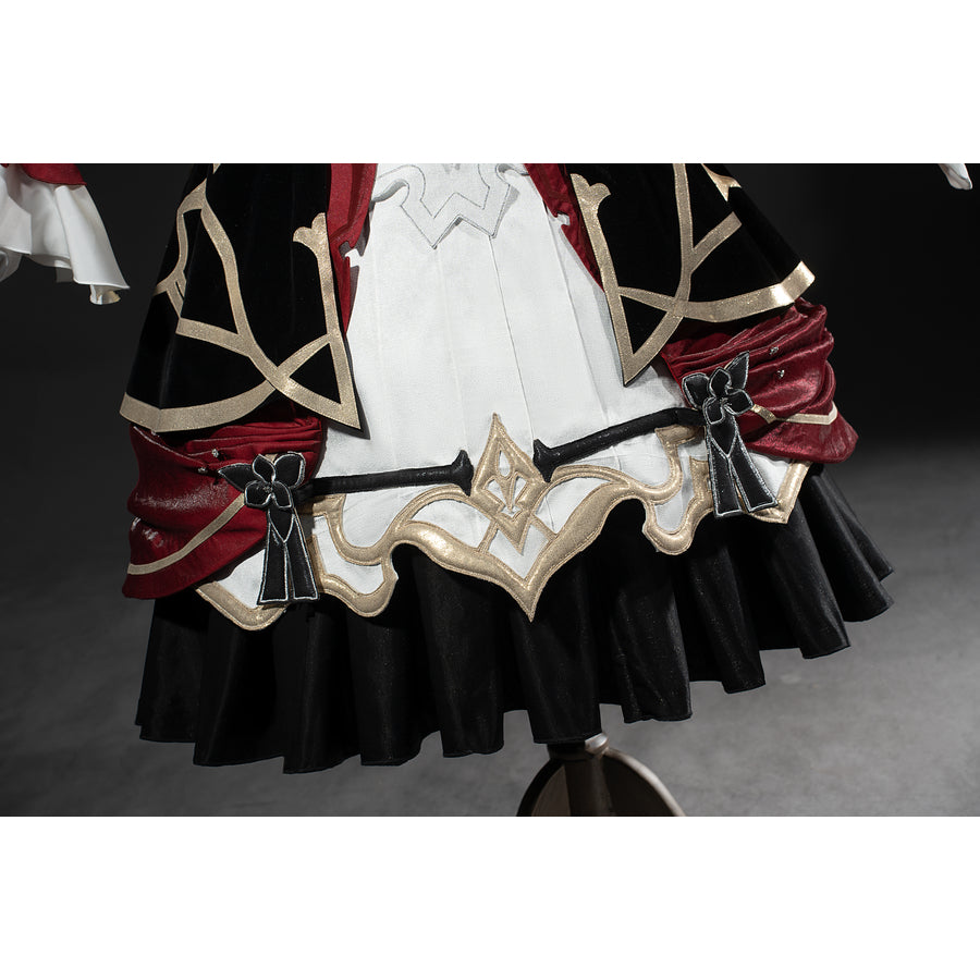 Genshin Impact Marionette Sandrone cosplay costume centers the layered hem around gold-tone edging.