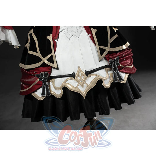 Genshin Impact Marionette Sandrone cosplay costume centers the layered hem around gold-tone edging.