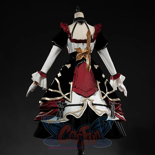 Genshin Impact Marionette Sandrone cosplay costume turns the back dress panel and gold-tone rear ornament.