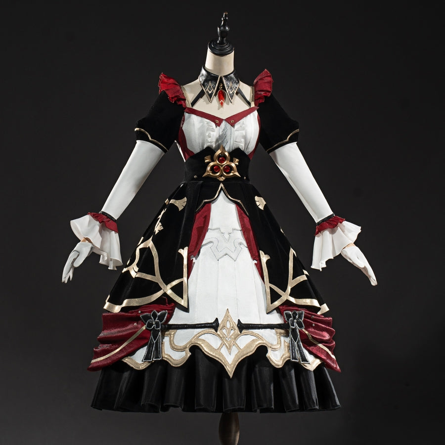 COSFUN Genshin Impact Marionette Sandrone cosplay costume centers the layered black-and-white dress under burgundy trim.