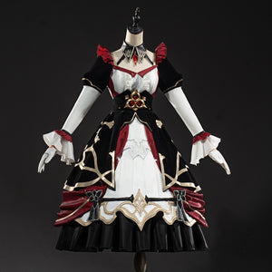 COSFUN Genshin Impact Marionette Sandrone cosplay costume centers the layered black-and-white dress under burgundy trim.