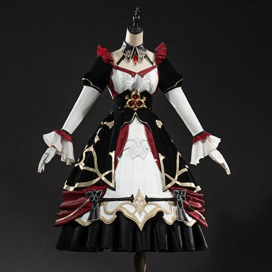 COSFUN Genshin Impact Marionette Sandrone cosplay costume centers the layered black-and-white dress under burgundy trim.