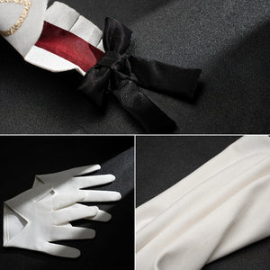Genshin Impact Marionette Sandrone cosplay costume collects bow and glove accents around white fabric details.