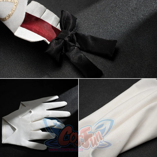 Genshin Impact Marionette Sandrone cosplay costume collects bow and glove accents around white fabric details.