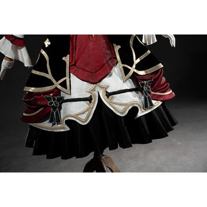 Genshin Impact Marionette Sandrone cosplay costume sets the black bow accent along the layered skirt hem.