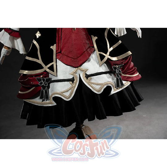Genshin Impact Marionette Sandrone cosplay costume sets the black bow accent along the layered skirt hem.