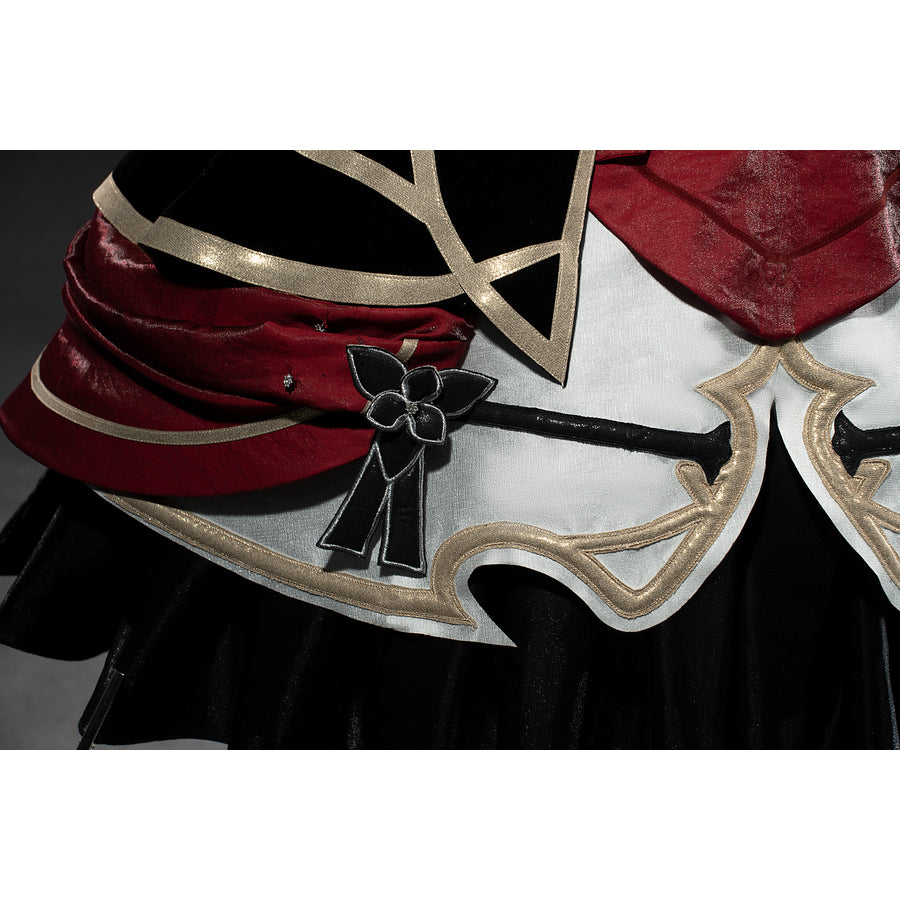 Genshin Impact Marionette Sandrone cosplay costume traces gold-tone edging around the white skirt hem.