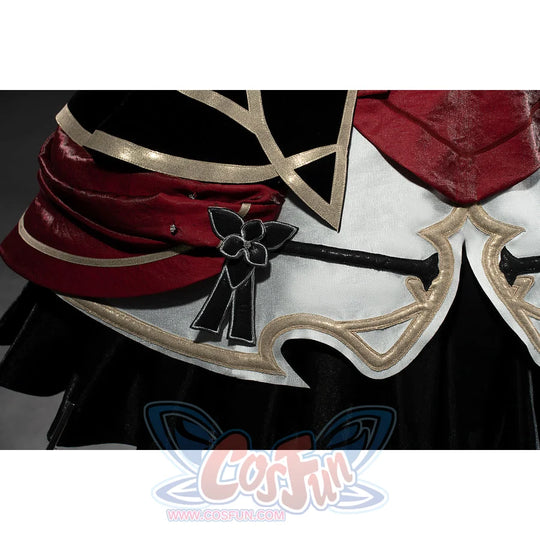 Genshin Impact Marionette Sandrone cosplay costume traces gold-tone edging around the white skirt hem.