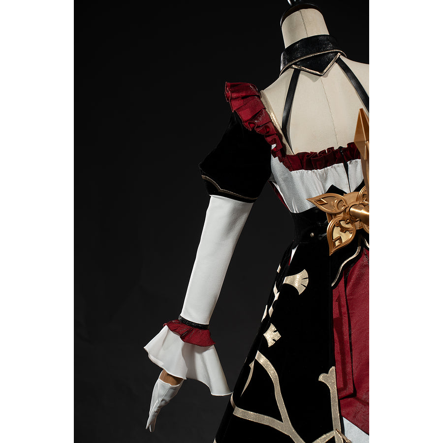 Genshin Impact Marionette Sandrone cosplay costume anchors the white skirt panel above black ruffles.