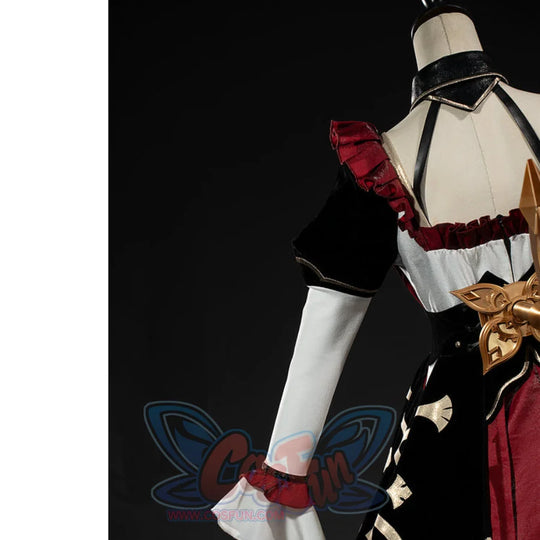 Genshin Impact Marionette Sandrone cosplay costume anchors the white skirt panel above black ruffles.