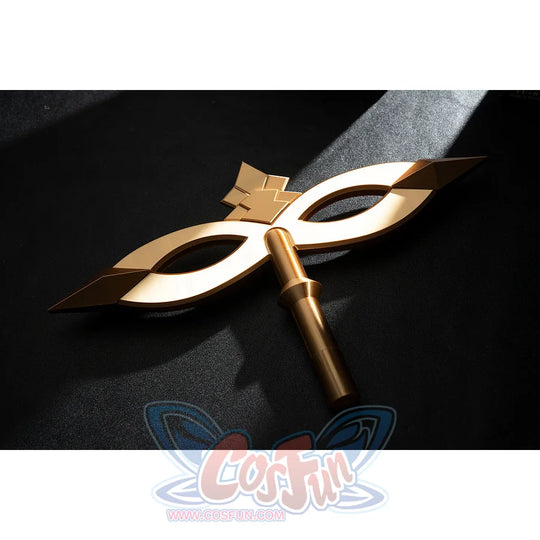 Genshin Impact Marionette Sandrone cosplay costume lays the gold-tone mask prop across black fabric.