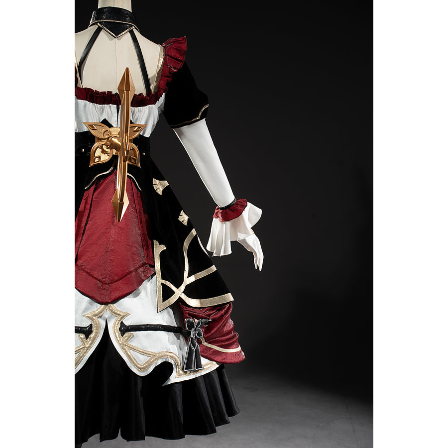 Genshin Impact Marionette Sandrone cosplay costume turns the burgundy rear skirt panel and gold-tone bow.