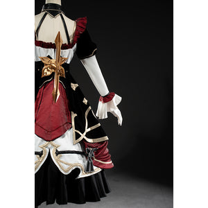 Genshin Impact Marionette Sandrone cosplay costume turns the burgundy rear skirt panel and gold-tone bow.