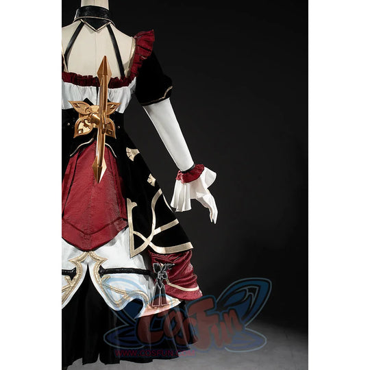 Genshin Impact Marionette Sandrone cosplay costume turns the burgundy rear skirt panel and gold-tone bow.