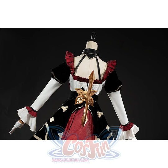 Genshin Impact Marionette Sandrone cosplay costume frames the open back straps and burgundy shoulder ruffles.