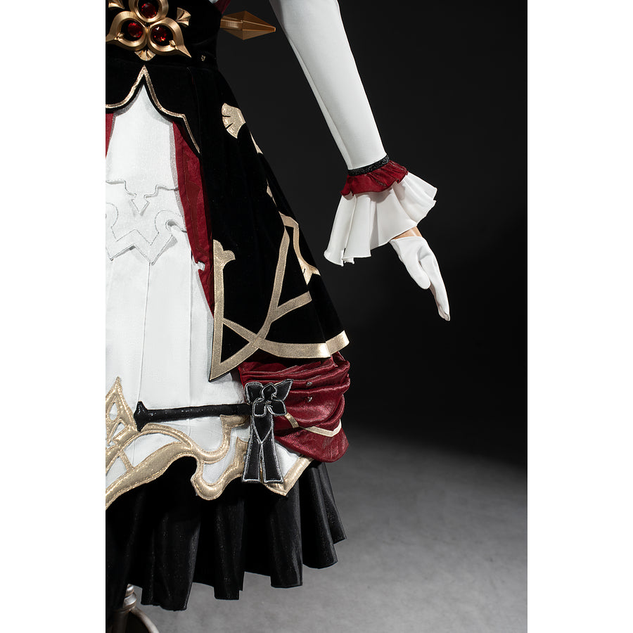 Genshin Impact Marionette Sandrone cosplay costume frames burgundy side skirt panels beside white fabric.