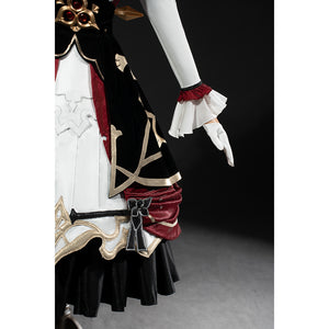 Genshin Impact Marionette Sandrone cosplay costume frames burgundy side skirt panels beside white fabric.