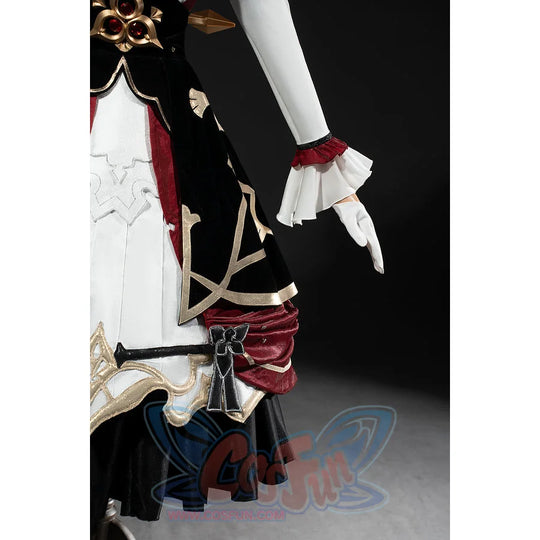 Genshin Impact Marionette Sandrone cosplay costume frames burgundy side skirt panels beside white fabric.