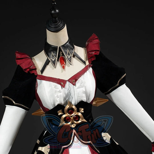 Genshin Impact Marionette Sandrone cosplay costume centers gold-tone waist trim below the white bodice.