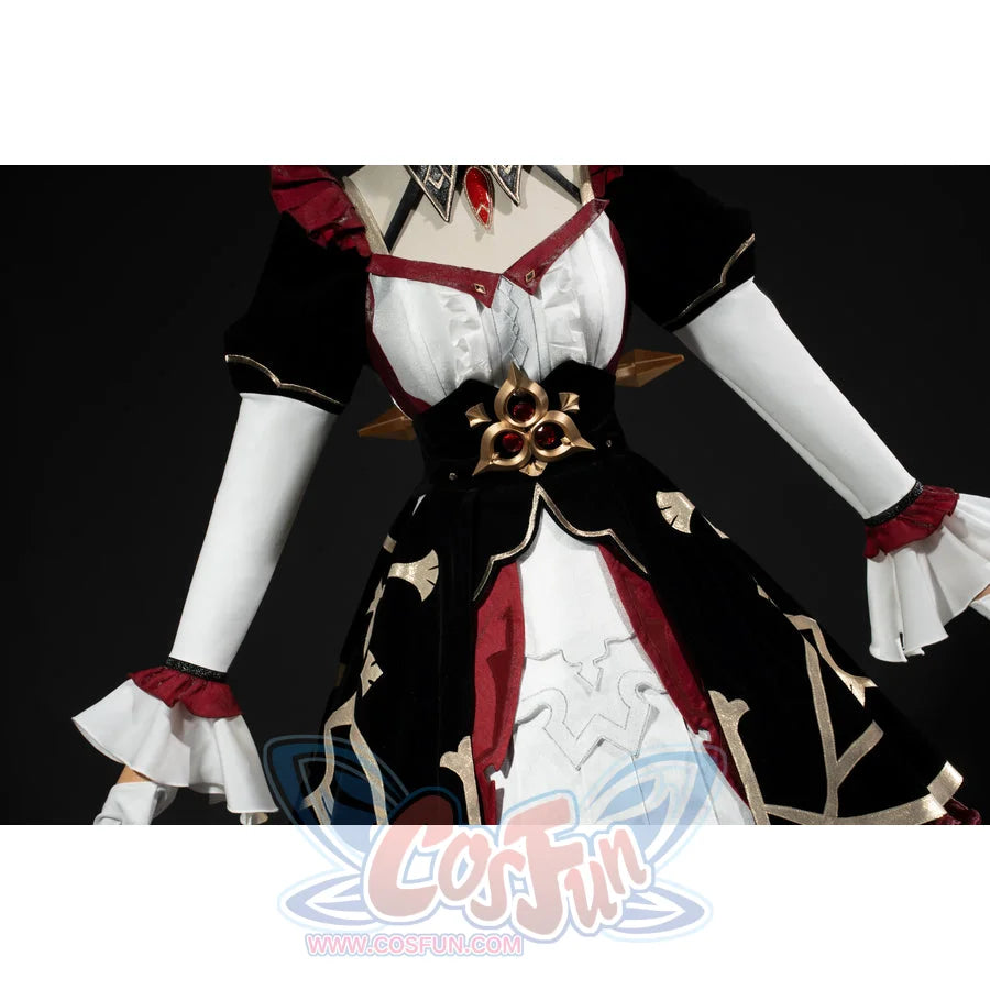 Genshin Impact Marionette Sandrone cosplay costume sets the gold-tone waist accent beside white gloves.