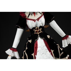 Genshin Impact Marionette Sandrone cosplay costume sets the gold-tone waist accent beside white gloves.