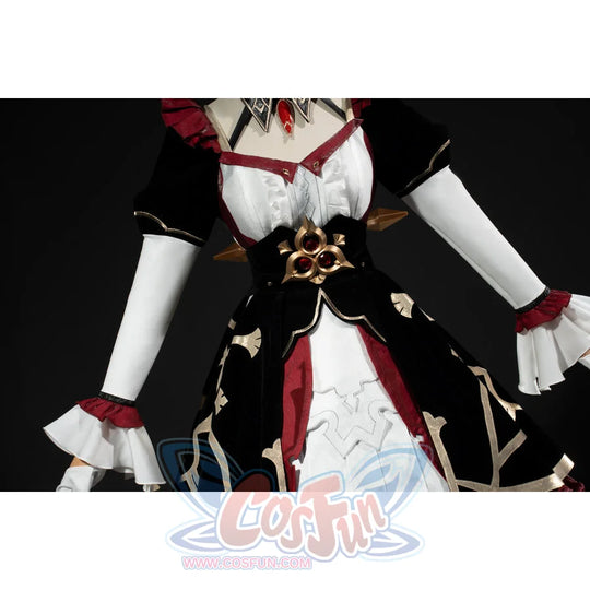 Genshin Impact Marionette Sandrone cosplay costume sets the gold-tone waist accent beside white gloves.