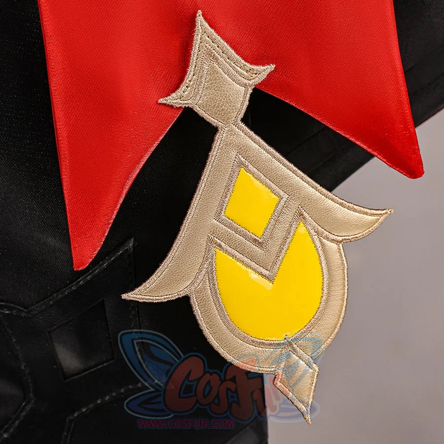 Genshin Impact Marionette Sandrone old design cosplay costume captures a gold-tone ornament layered over red fabric.