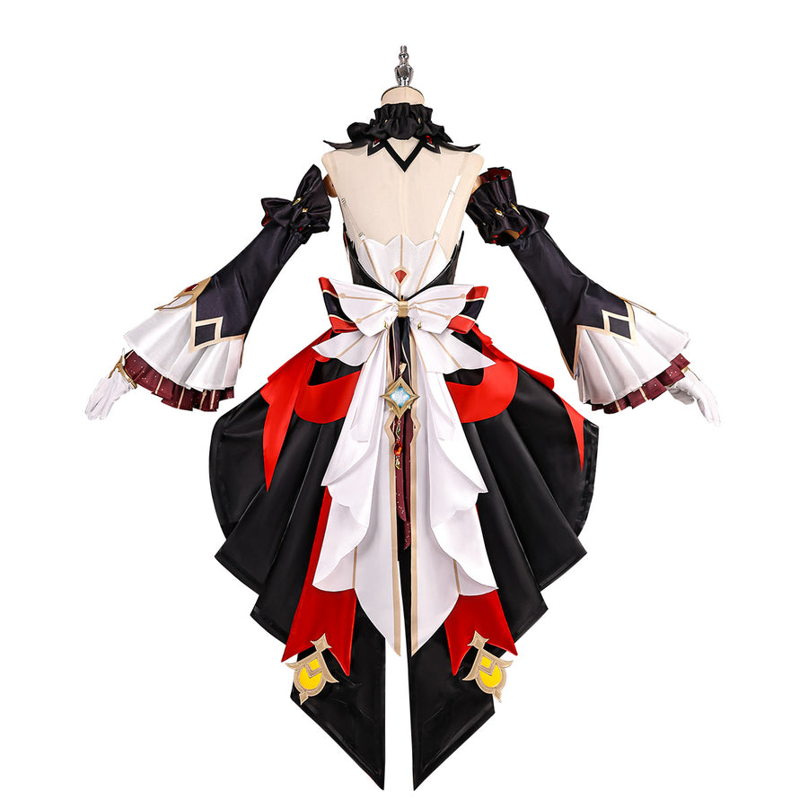 Genshin Impact Marionette Sandrone old design cosplay costume back view highlights the large waist bow and flared sleeves.
