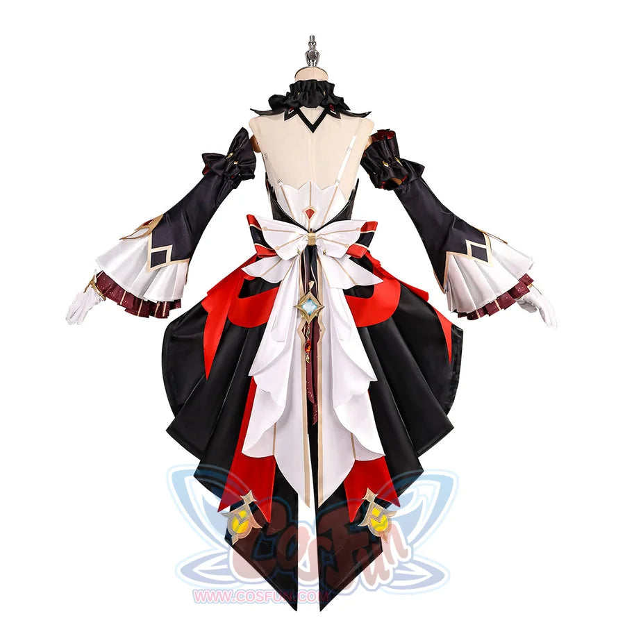 Genshin Impact Marionette Sandrone old design cosplay costume back view highlights the large waist bow and flared sleeves.