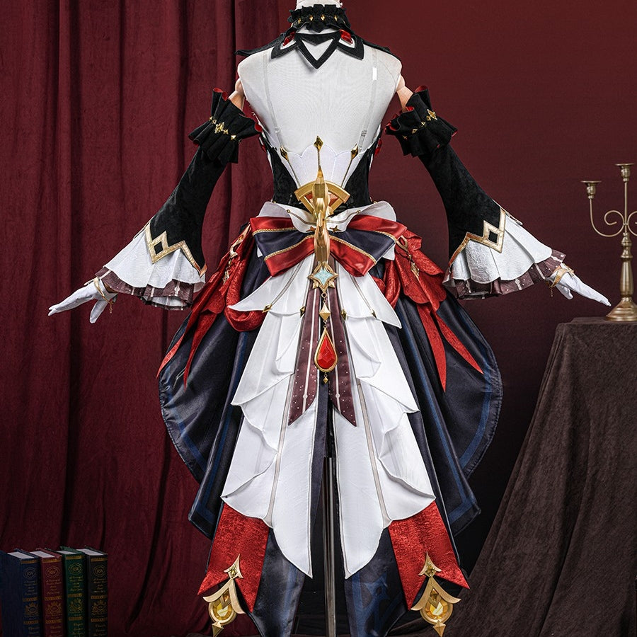 Genshin Impact Marionette Sandrone old design cosplay costume anchors a large back bow drape and detailed Vision pendant.