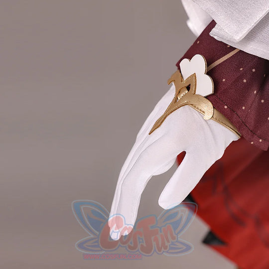 Genshin Impact Marionette Sandrone old design cosplay costume frames the white glove and gold-tone arm ornament detail.
